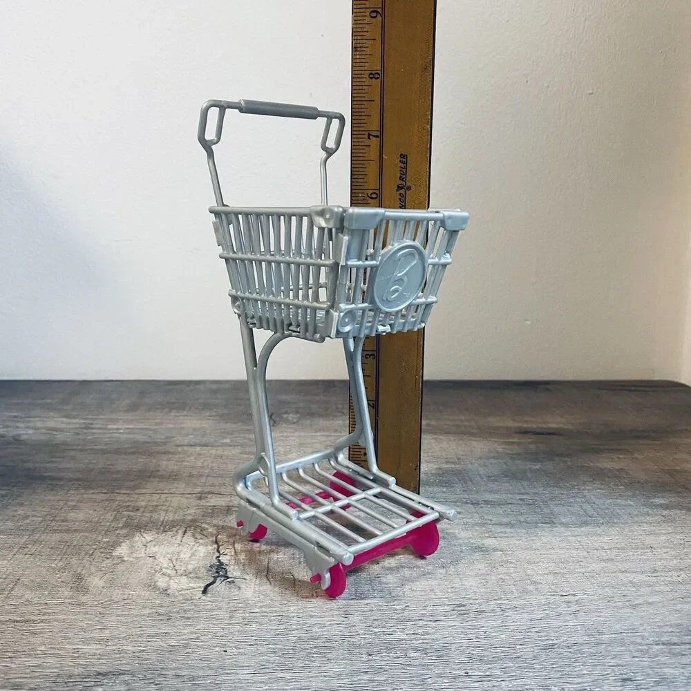 Mattel Barbie Doll Shopping Cart Grocery Store Buggy Gray Plastic Pink Wheels